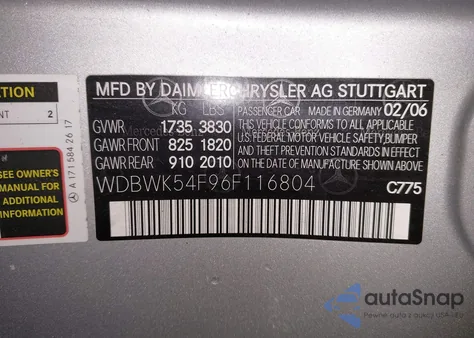 2006 Mercedes-Benz Slk 280 from USA, damaged, VIN WDBWK54F96F116804